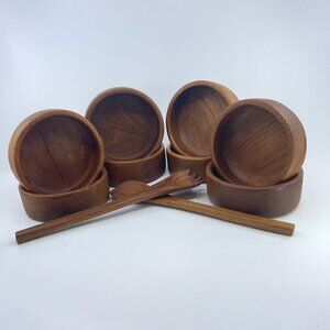 vintage handcrafted teak salad bowls set of 8 and serving utensils